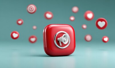 Red square icon with a megaphone, surrounded by hearts and targets
