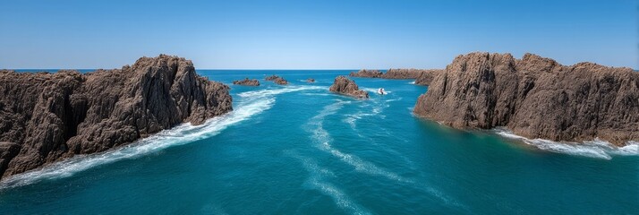 Azure waves caress rugged cliffs, evoking ancient coastal mysteries, perfect for Seafarer's Day or World Oceans Month celebrations