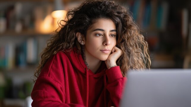 hispanic teen girl latin young woman school student remote worker learning watching online webinar webcast class looking at laptop elearning distance course or video calling remote teacher no logos n