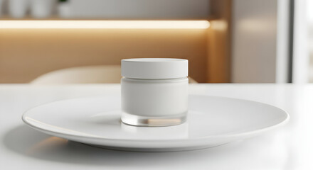 White cosmetic jar on plate minimalist modern beauty product skincare mockup cream lotion packaging design template for branding advertising