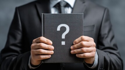 businessman holding a book with question mark symbol no logos no brands ar 169