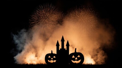 Sinister silhouettes of jack-o-lanterns and gothic castle erupt under Halloween fireworks, evoking Samhain's mystical embrace