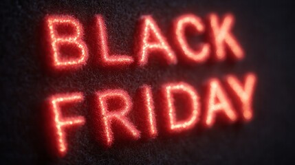 Electrifying neon Black Friday sign radiating retail euphoria, enticing minimalistic consumerism after Thanksgiving amidst cybernetic shopping frenzy