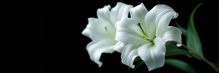 Pristine white lilies unfold gracefully against darkness, symbolizing purity and renewal for Obon Festival and Easter's quiet reverence