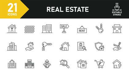 Real Estate line icon set. Set of 21 outline icons related to property, real estate, housing, home, buying, renting, agent, insurance and others. Editable stroke. Vector illustration.