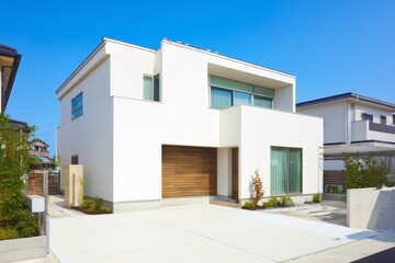 駐車場のある新築の住宅と青空