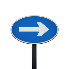 Blue oval road sign with white arrow pointing right