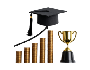 Top-Down View of Graduation Cap with Bar Graph and Award, Isolated Transparent Background.
