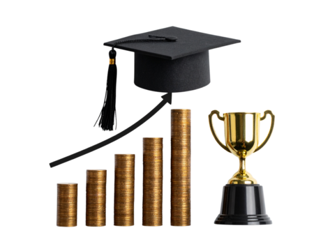 Top-Down View of Graduation Cap with Bar Graph and Award, Isolated Transparent Background.