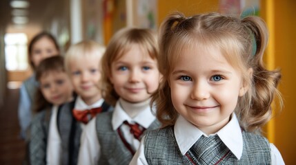 portrait of smiling little school kids in school corridor no logos no brands ar 169