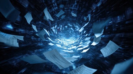 Documents flying into a futuristic server core Dynamic spiral of digital documents swirling in a blue vortex, symbolizing information flow.