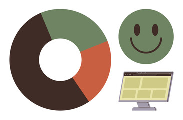 Circular chart with three sections, smiling face, and desktop screen imply data analytics, user satisfaction, and modern technology. Ideal for business, analytics, feedback, design emotion