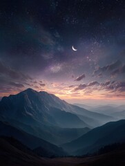Fototapeta premium surreal mountain landscape with crescent moon and galaxy sky