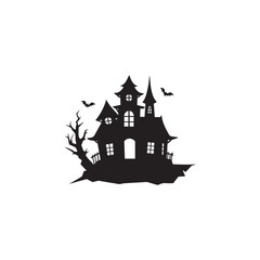 Spooky Castle Silhouette with Moon and Bats – Halloween Vector Art
