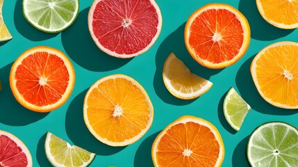 Colorful Arrangement of Citrus Fruit Slices Including Oranges, Limes, and Lemons on Teal Background