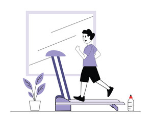 Modern Flat Illustration of Man Running on Treadmill in Gym