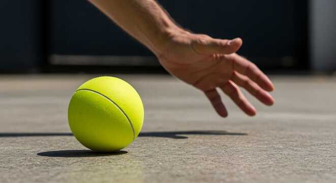 Close-up of a person's hand reaching for a bright neon yellow ball on a sunlit concrete floor.