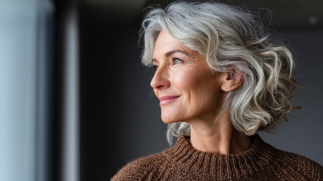 smiling confident mature woman standing indoors looking at window stylish elegant middle aged senior 60s grayhaired lady thinking of good future vision enjoying wellbeing dreaming at home no logos no