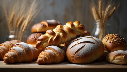 Abundant display of various freshly baked breads, croissants, and pastries with wheat stalks in a rustic setting.
