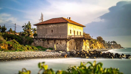 Rustic Cliffside House in Golden Light Over a Silky Long-Exposure Seascape