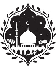Ramadan Kareem Illustration A Silhouette of a Mosque at Night Surrounded by an Ornamental Frame with Crescent Moon and Stars