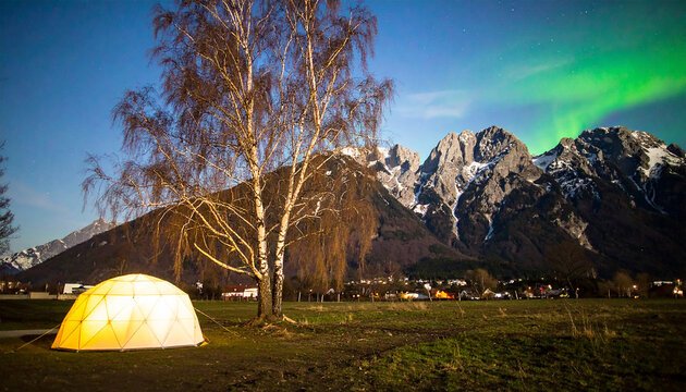 Luminous Dome Tent Under a Vivid Aurora Borealis and Majestic Mountain Peaks - Powered by Adobe