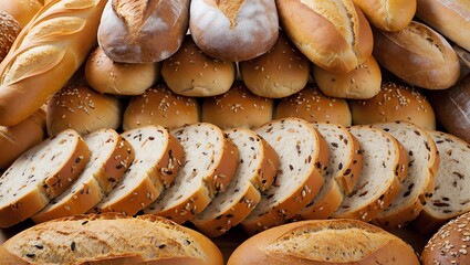 An abundant and organized display of freshly baked bread loaves, rolls, and seeded sliced bread