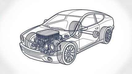 Fototapeta premium Detailed Blue Line Drawing of a Cars Internal Structure Highlighting the Engine and Mechanics for Engineering and Design Purposes