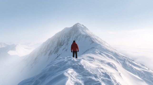 Snow-clad summit explorer, solitary journey under cathedral sky, evokes spirit of Imbolc renewal and mountaineer perseverance