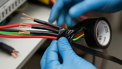 Close-up of electrical wires being secured with black tape, showcasing a workspace with tools nearby