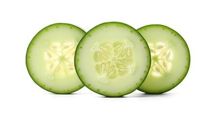 Three sliced cucumber rounds on a white background