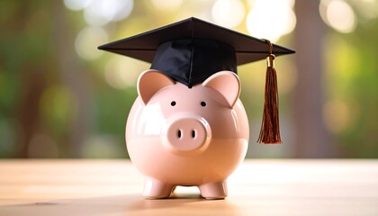 Piggy bank with graduation cap, and savings.