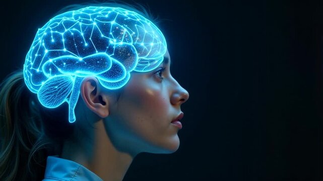 Young woman contemplating complex ideas with glowing neural network visualization of her brain