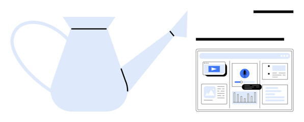 Watering can symbolizing growth and nurturing paired with a data dashboard for insights, strategic decisions, and progress. Ideal for business, growth, development, analytics, data management