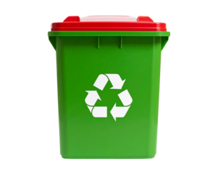 Green Recycling Bin with Red Lid and White Recycle Symbol, Front View, Isolated PNG