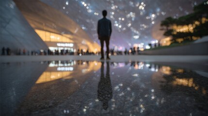 ```plaintextSilhouetted dreamer amidst futuristic cityscape reflection, cosmic urban exploration, New Year's Eve in Seoul, beckoning night wanderlust```