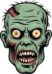 Cartoon zombie head illustration, green skin, black hair, large ears, vector art, Halloween theme, spooky character, undead creature, horror design