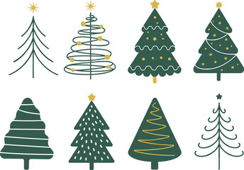 Christmas tree vector set with festive decorations, holiday ornaments, minimal and modern styles, seasonal celebration design elements, winter holiday symbols