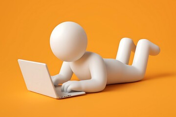 White 3D Mannequin Lying Down Using Laptop on Orange Background