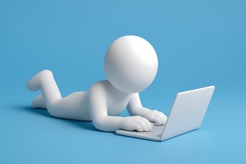 3D White Character Lying Down Using Laptop on Blue Background