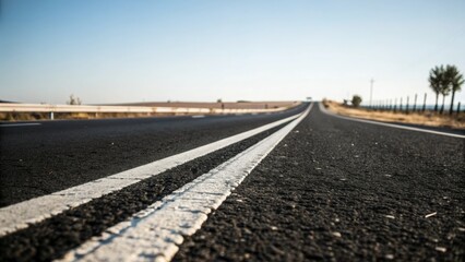 Fototapeta premium Black asphalt road with crisp white dividing lines — stretching into the horizon under clear sky