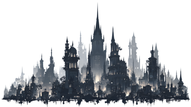Gothic cityscape silhouette, isolated on transparent background