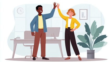 two happy friendly diverse professionals teacher and student giving high five standing in office celebrating success good cooperation result partnership teamwork and team motivation in office work no