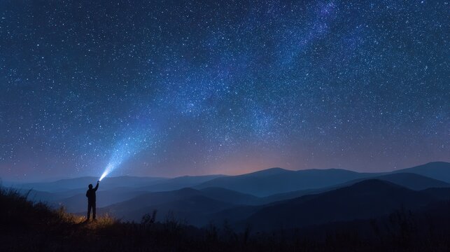 night sky observer man with head flashlight pointing light on starry night sky night landscape no logos no brands ar 169