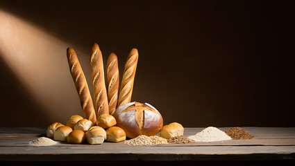 Artisanal Bread Selection with Baguettes, Rolls, and Raw Grains on a Wooden Tabletop