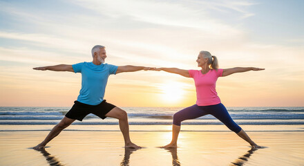 Elderly woman and elderly man happily practicing yoga together on the beach at sunset