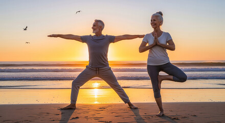 Elderly woman and elderly man happily practicing yoga together on the beach at sunset