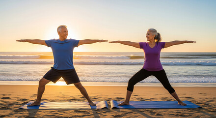 Elderly woman and elderly man happily practicing yoga together on the beach at sunset