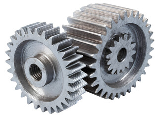 Angled Side View of Two Iron Gears, Showing Depth and Mechanical Detail, Isolated on Transparent Background PNG