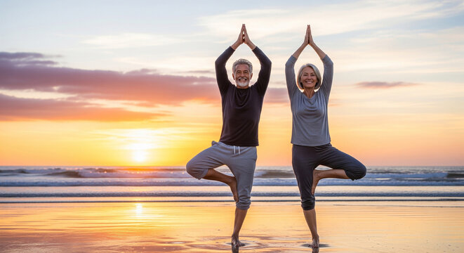 Elderly woman and elderly man happily practicing yoga together on the beach at sunset - Powered by Adobe